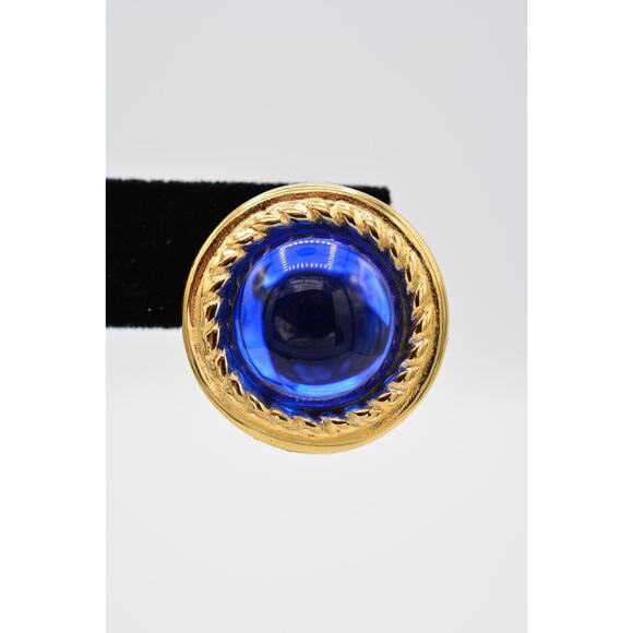 Givenchy Vintage Blue Cabochon Earrings Royal Round Gold Chunky Signed 80s Bin4 - Picture 7 of 12